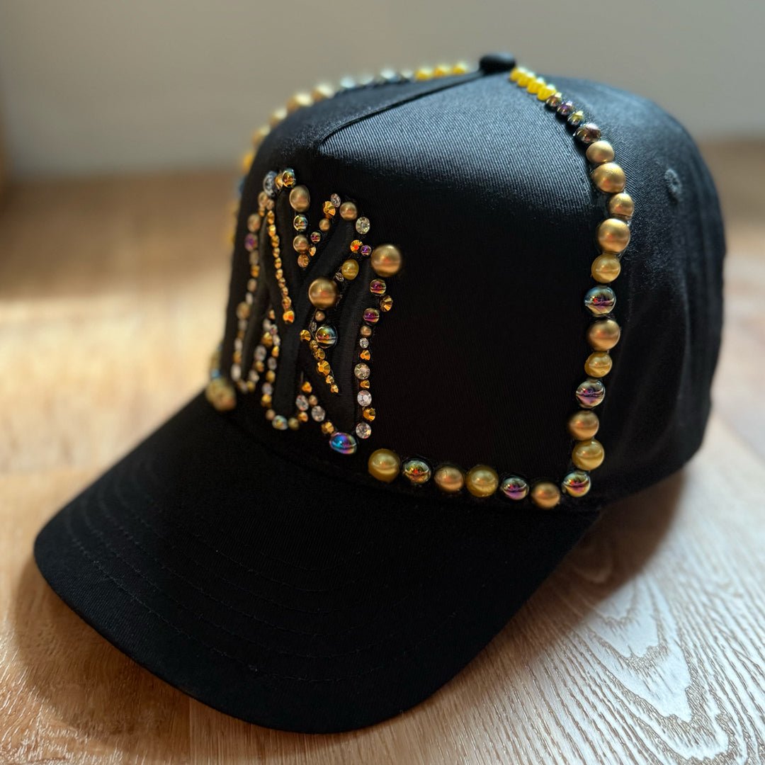 Custom Beaded Black and Gold Pearl New York Hat - Rebel P Customs