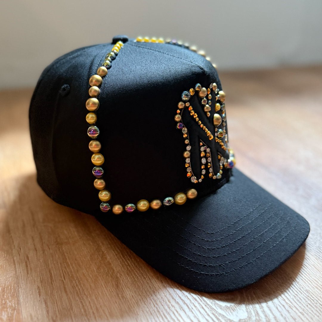 Custom Beaded Black and Gold Pearl New York Hat - Rebel P Customs