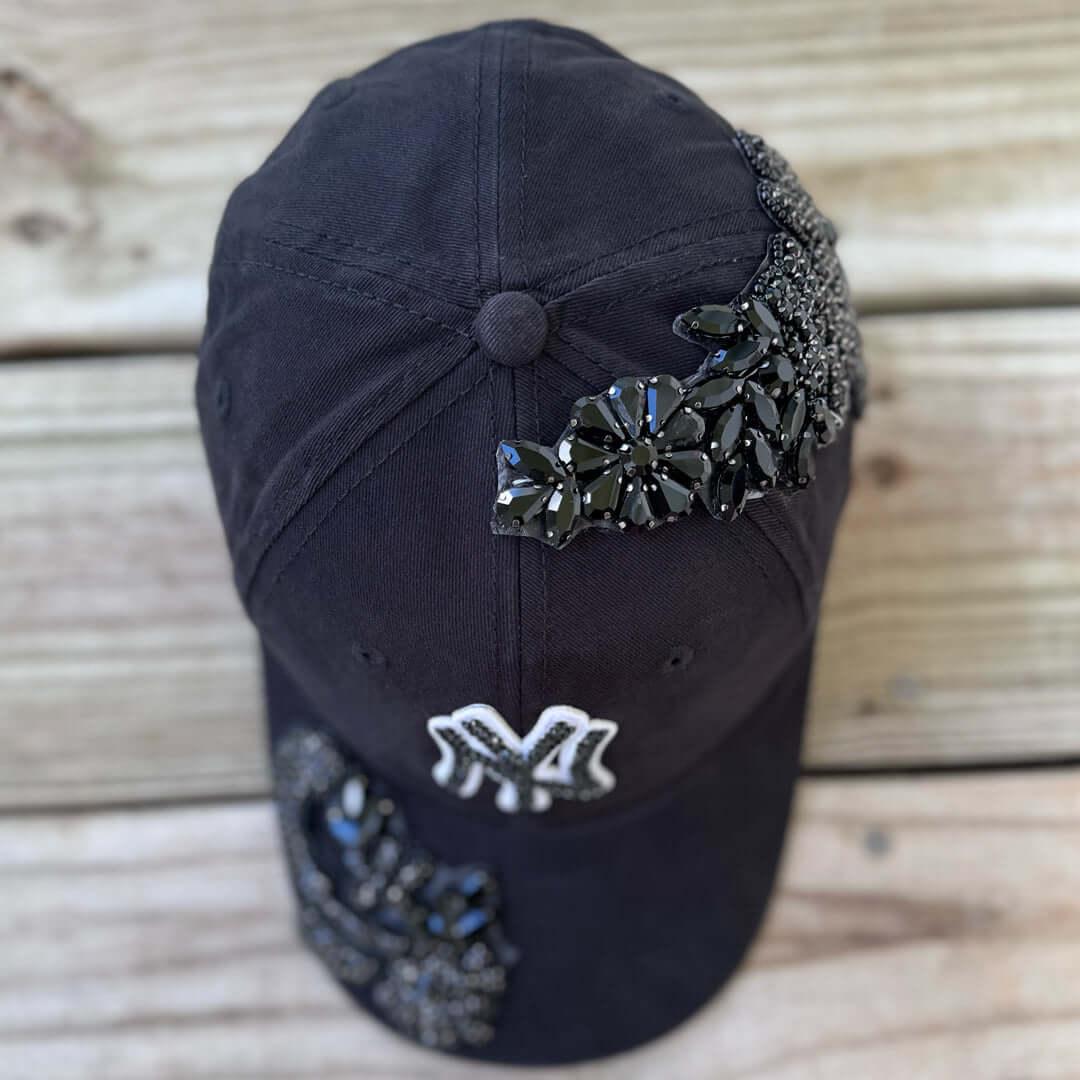 Custom Beaded Black Crystal Applique New York Hat - Rebel P Customs