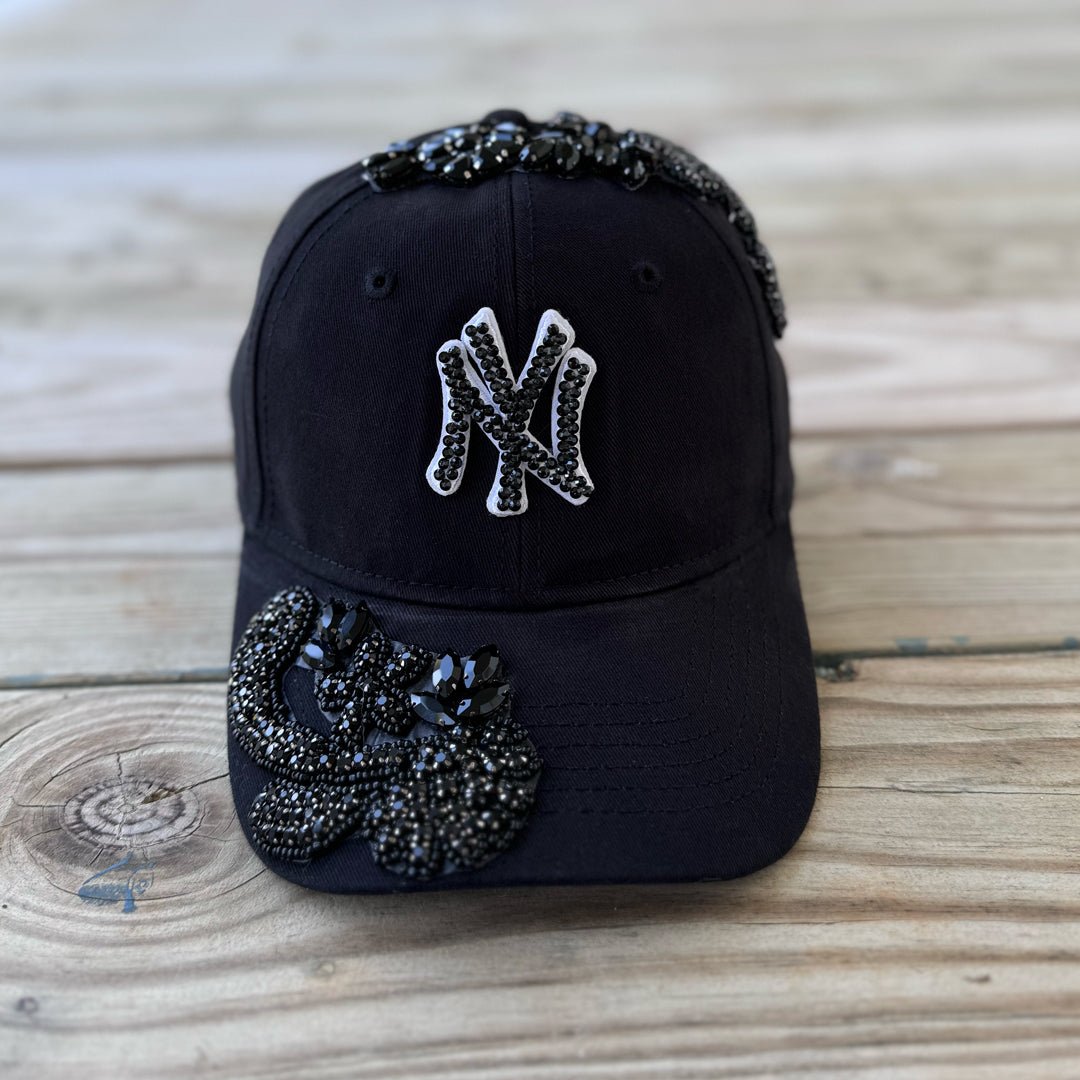 Custom Beaded Black Crystal Applique New York Hat - Rebel P Customs