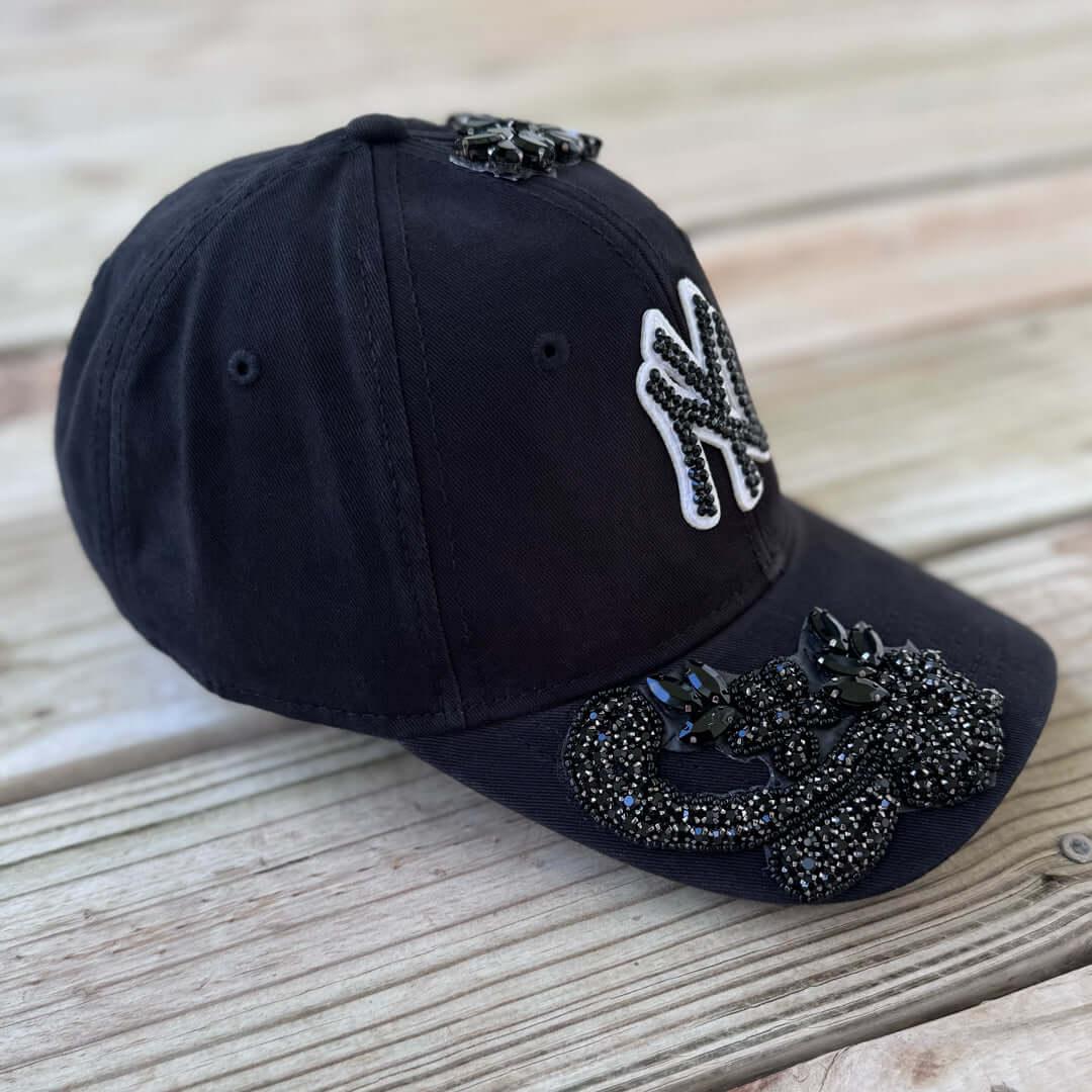 Custom Beaded Black Crystal Applique New York Hat - Rebel P Customs