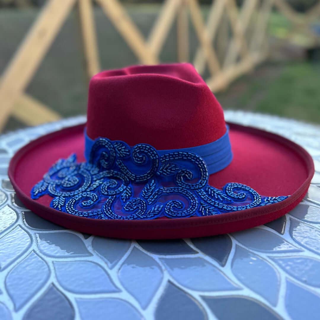 Custom Beaded Blue Crystal Applique Fedora Hat - Rebel P Customs