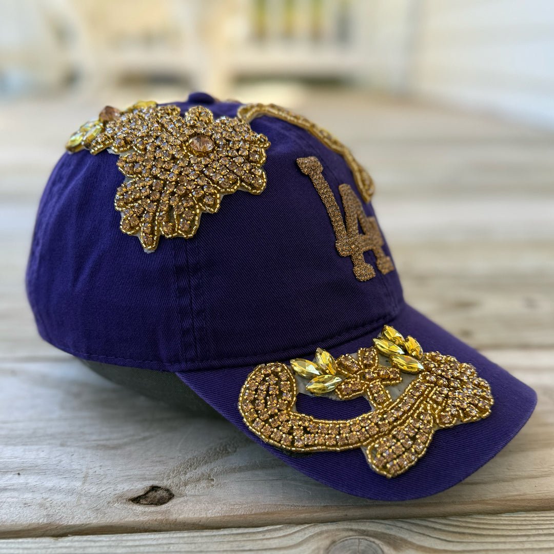 Custom Beaded Gold Crystal Applique LA Hat - Rebel P Customs