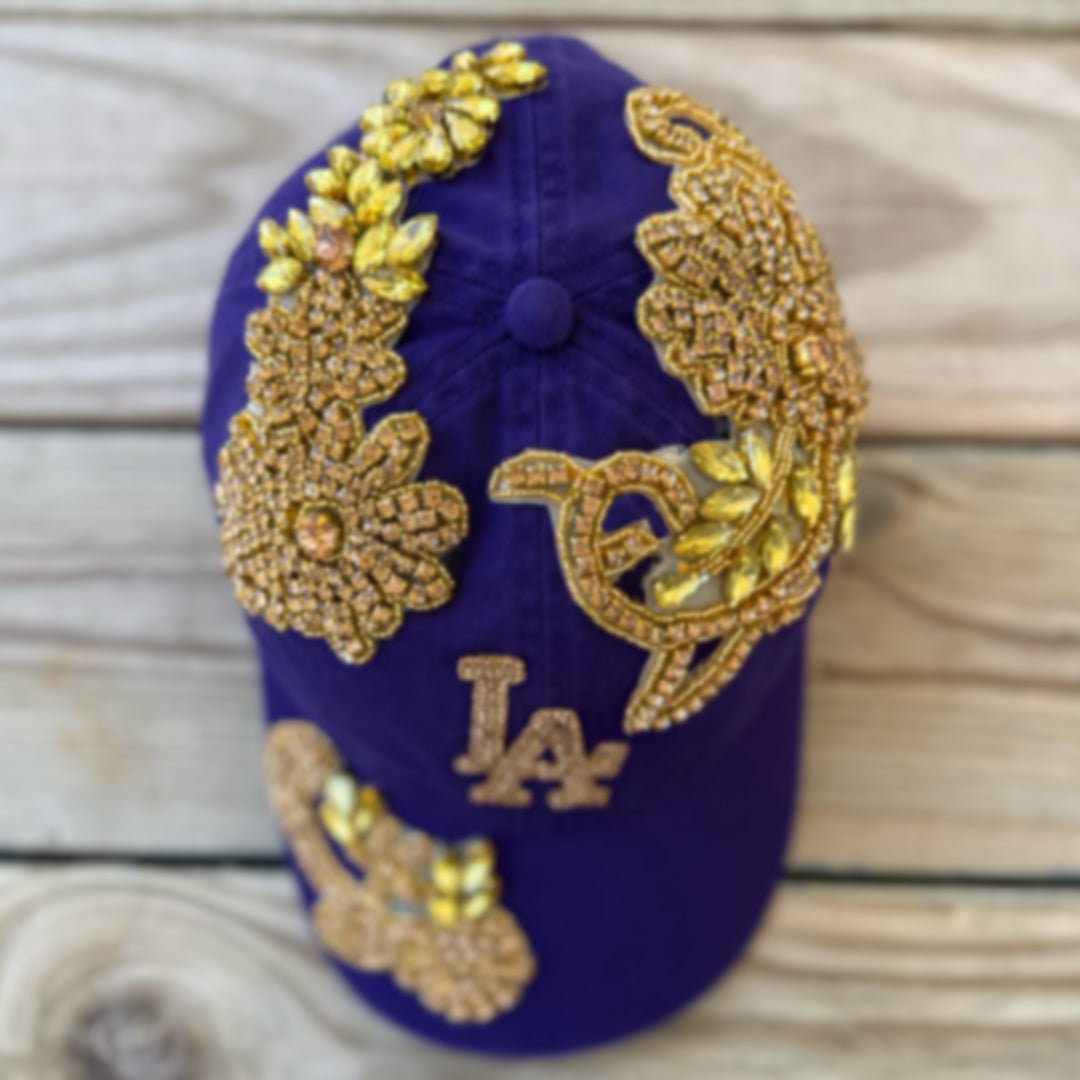 Custom Beaded Gold Crystal Applique LA Hat - Rebel P Customs