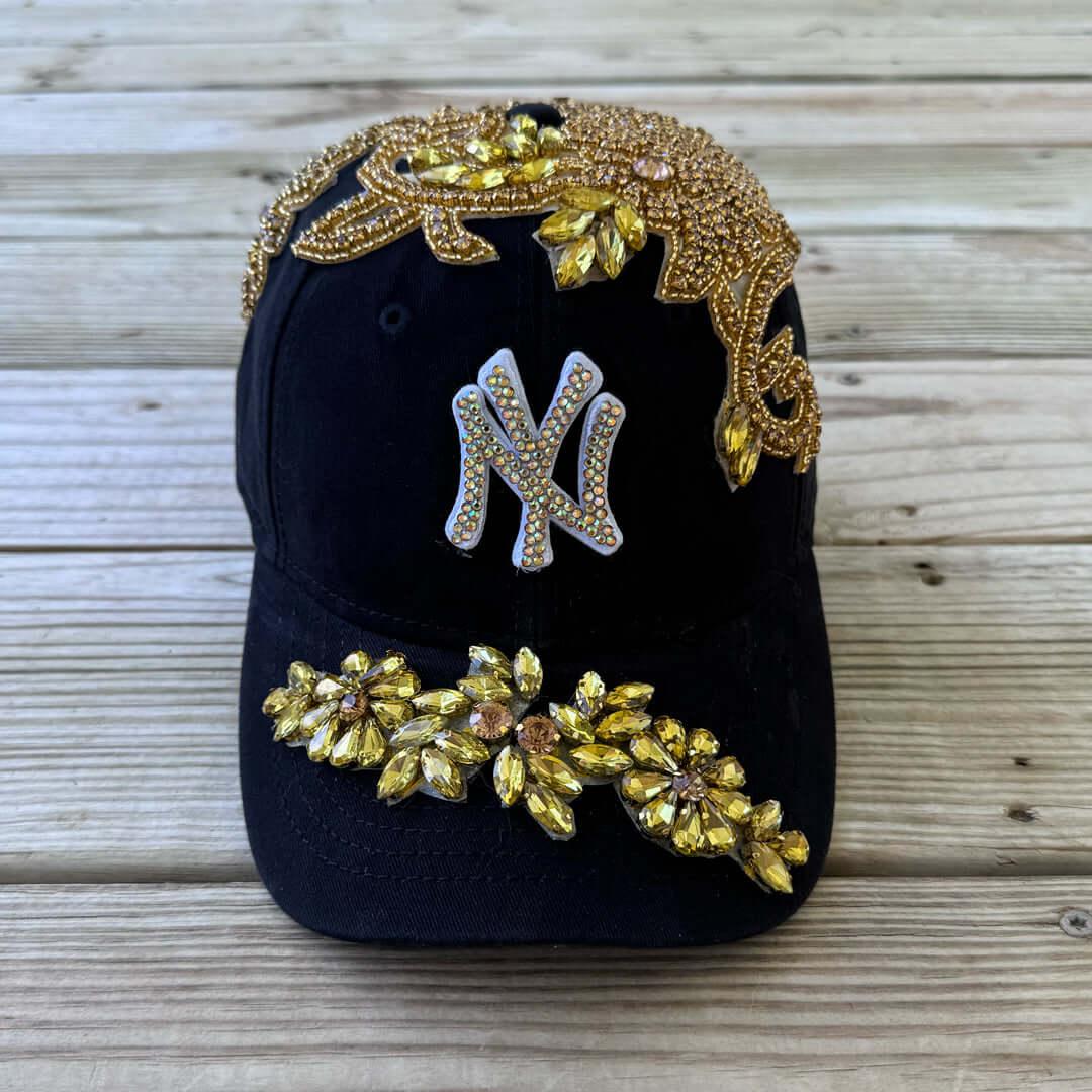 Custom Beaded Luminous Gold Crystal Applique New York Hat - Rebel P Customs