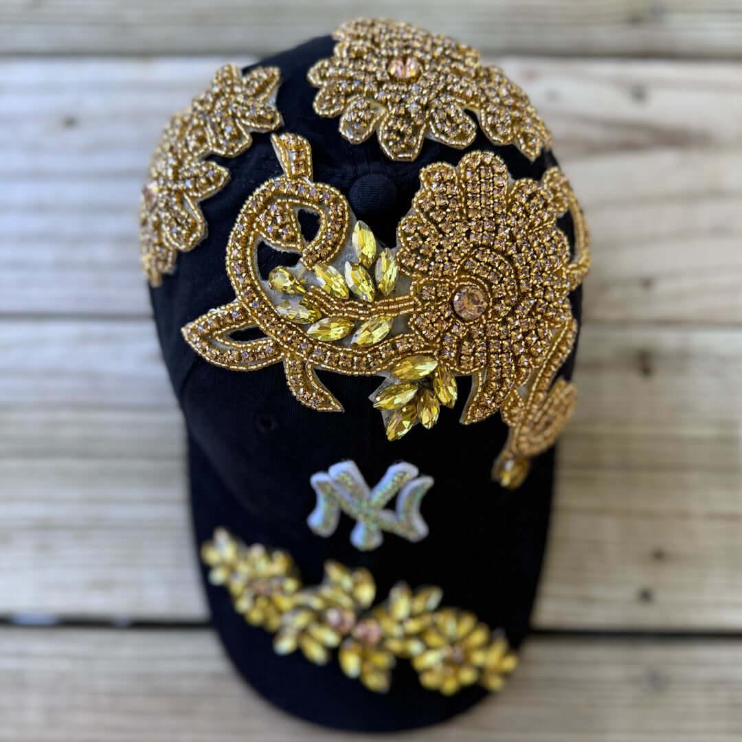 Custom Beaded Luminous Gold Crystal Applique New York Hat - Rebel P Customs