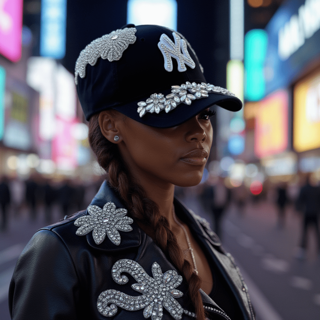Custom Beaded Luminous Silver Crystal Applique New York Hat - Rebel P Customs