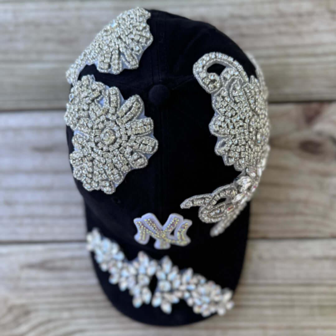 Custom Beaded Luminous Silver Crystal Applique New York Hat - Rebel P Customs