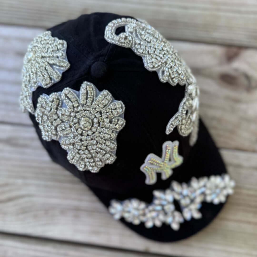 Custom Beaded Luminous Silver Crystal Applique New York Hat - Rebel P Customs