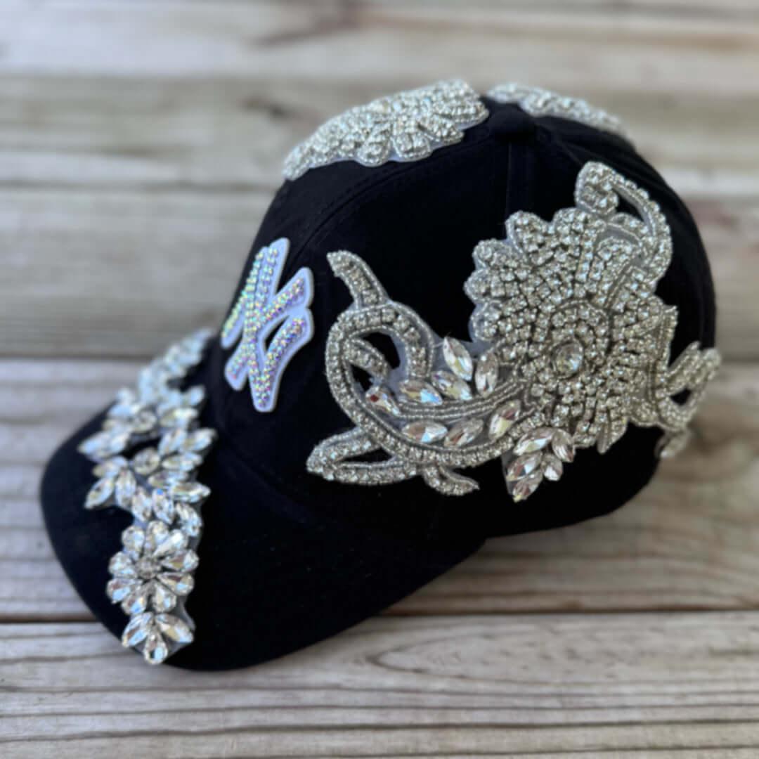 Custom Beaded Luminous Silver Crystal Applique New York Hat - Rebel P Customs