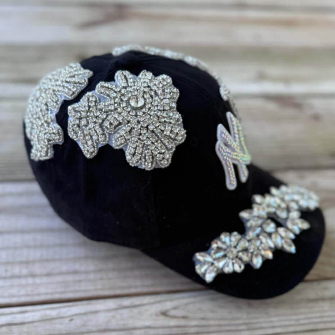 Custom Beaded Luminous Silver Crystal Applique New York Hat - Rebel P Customs