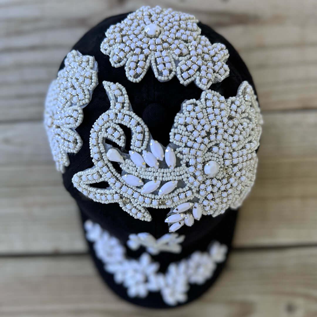 Custom Beaded Luminous White Crystal Applique New York Hat - Rebel P Customs