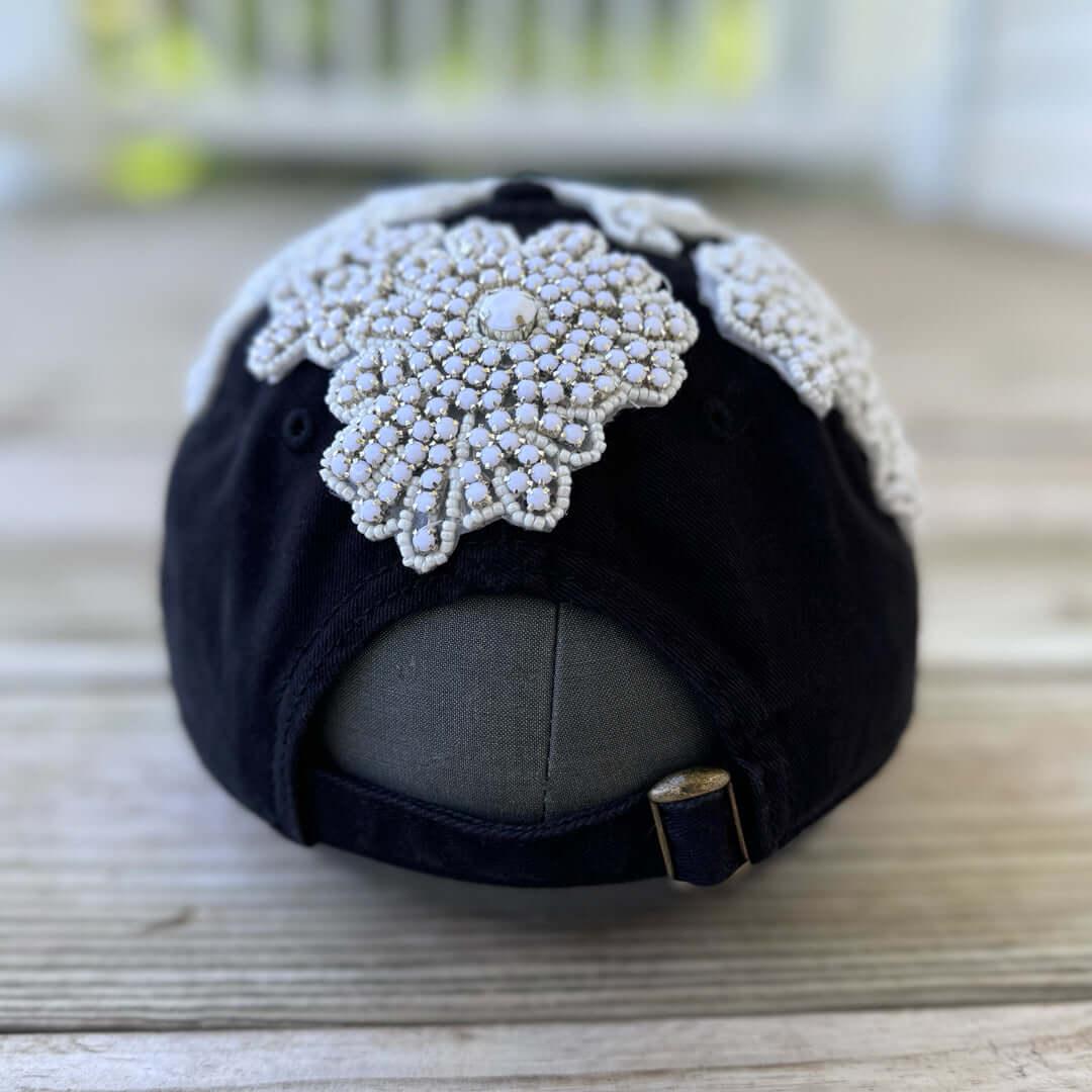 Custom Beaded Luminous White Crystal Applique New York Hat - Rebel P Customs