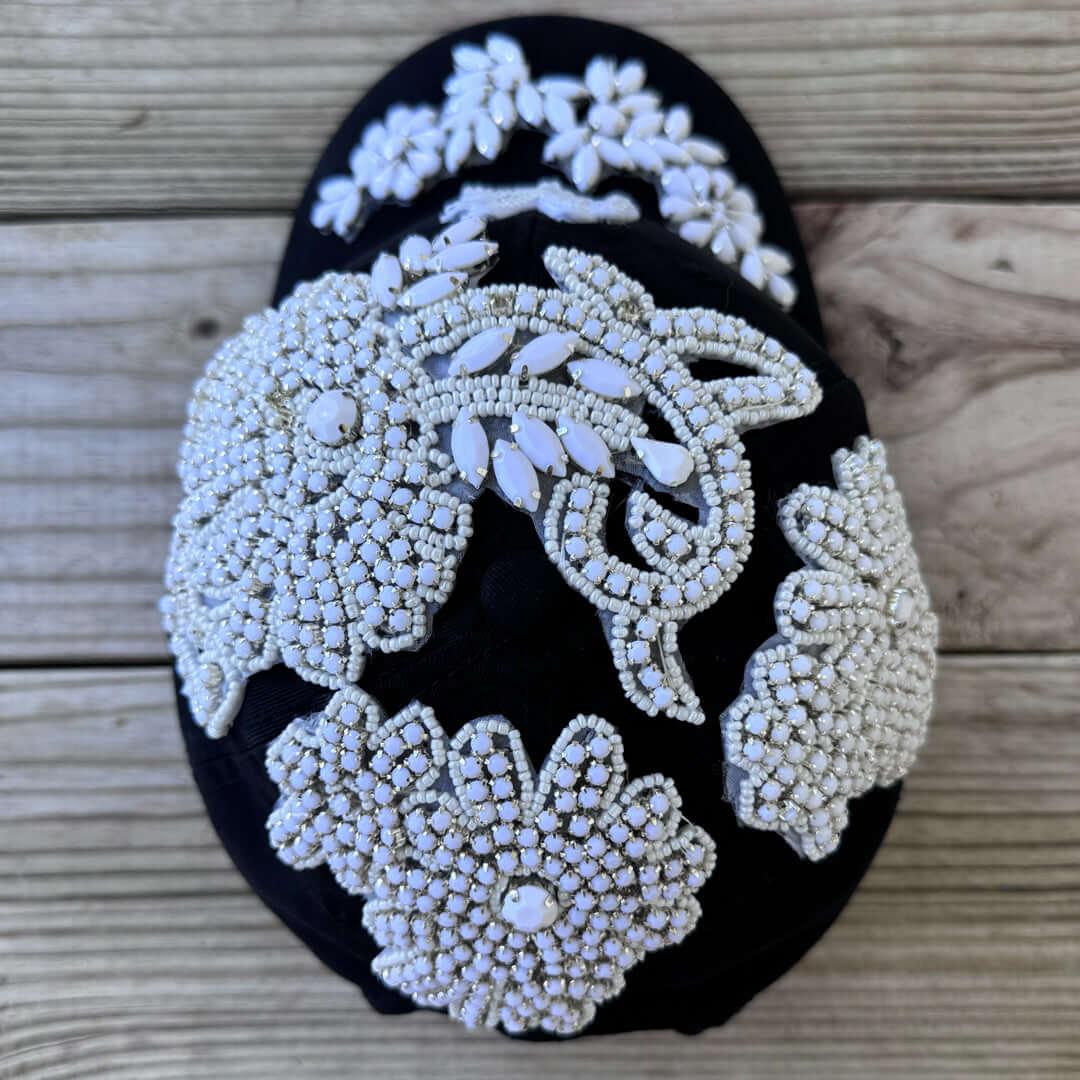 Custom Beaded Luminous White Crystal Applique New York Hat - Rebel P Customs