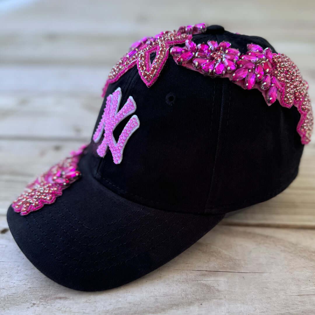 Custom Beaded Pink Crystal Applique New York Hat - Rebel P Customs