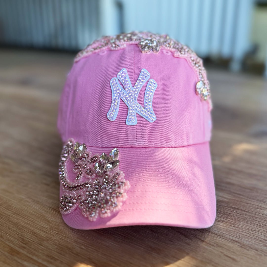 Custom Beaded Pink Crystal Applique New York Hat - Rebel P Customs