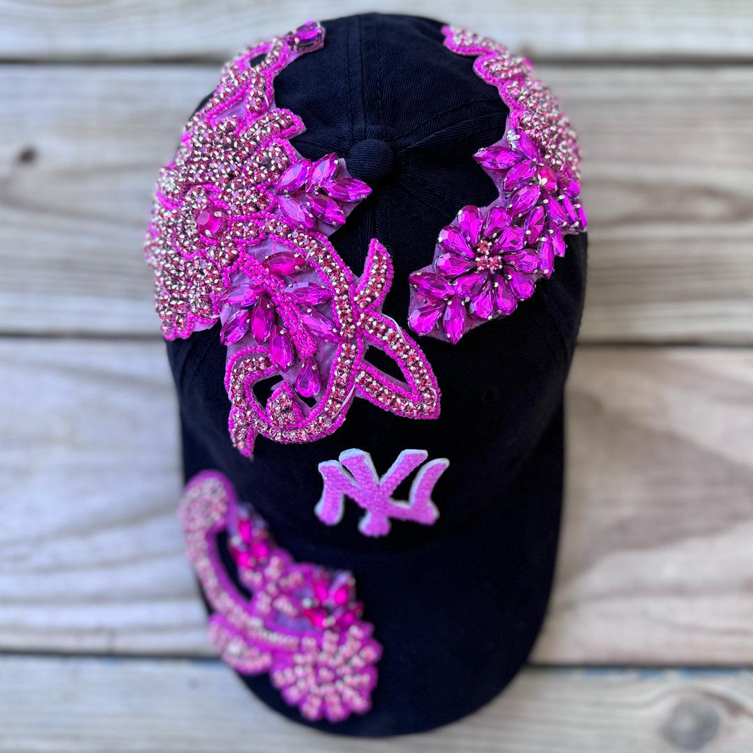 Custom Beaded Pink Crystal Applique New York Hat - Rebel P Customs
