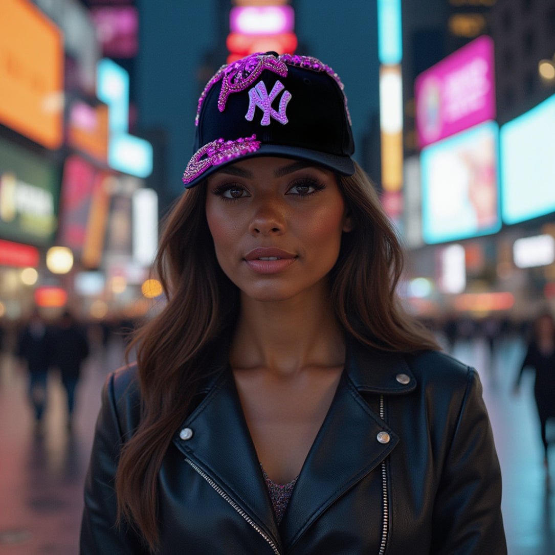 Custom Beaded Pink Crystal Applique New York Hat - Rebel P Customs