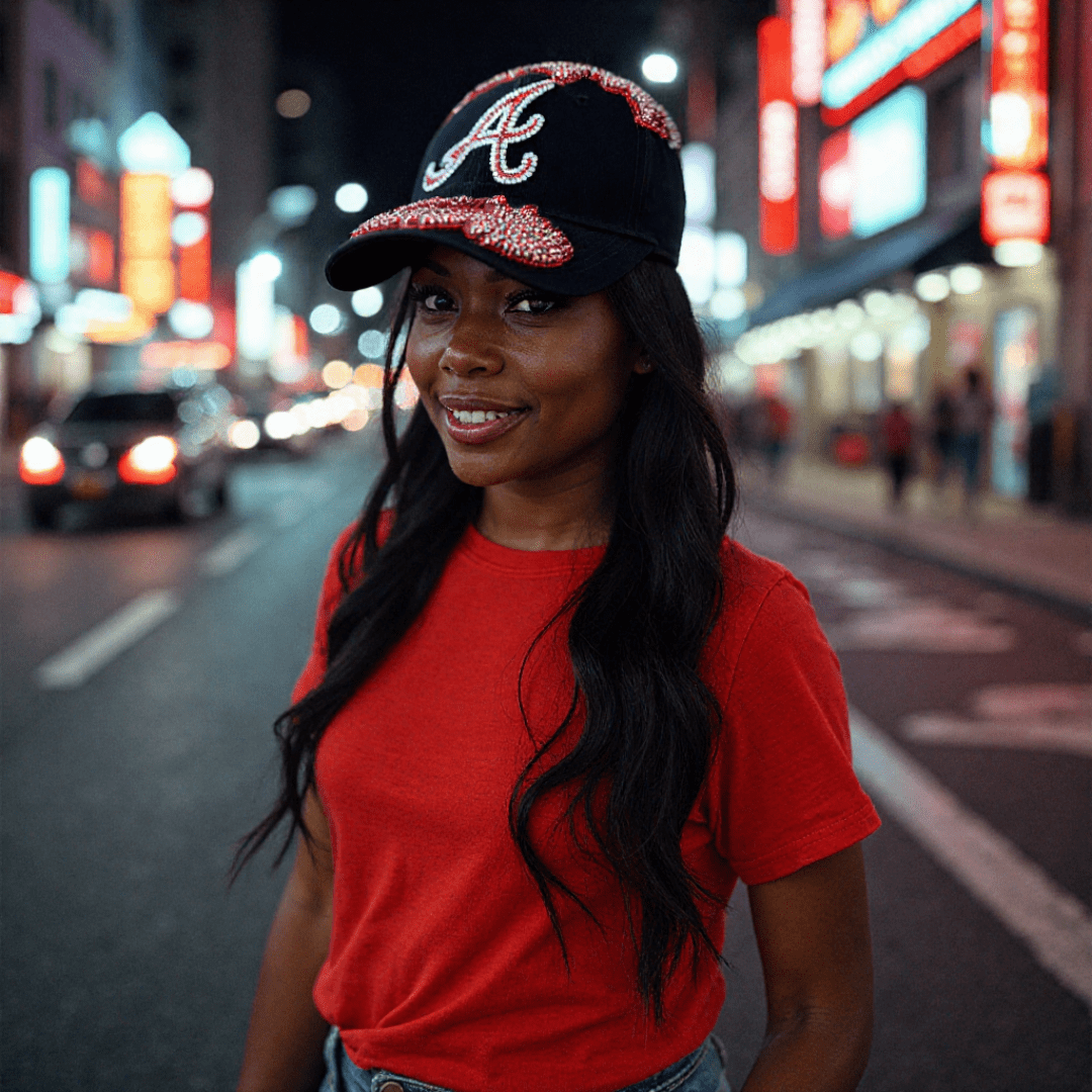 Custom Beaded Red Crystal Applique Atlanta Hat - Rebel P Customs
