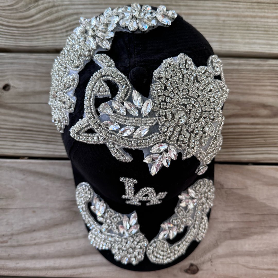 Custom Beaded Silver Crystal Applique LA Hat - Rebel P Customs