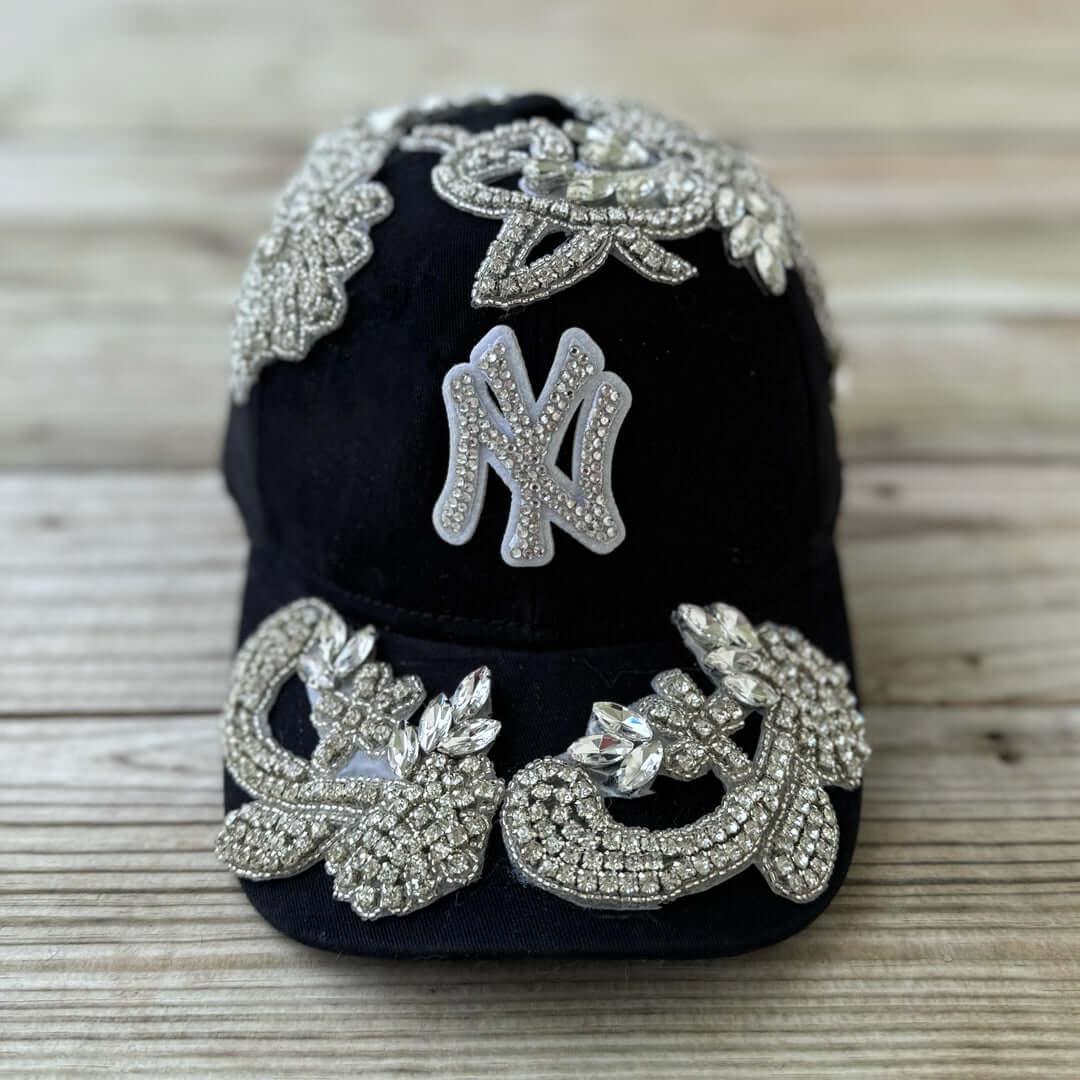 Custom Beaded Silver Crystal Applique New York Hat - Rebel P Customs
