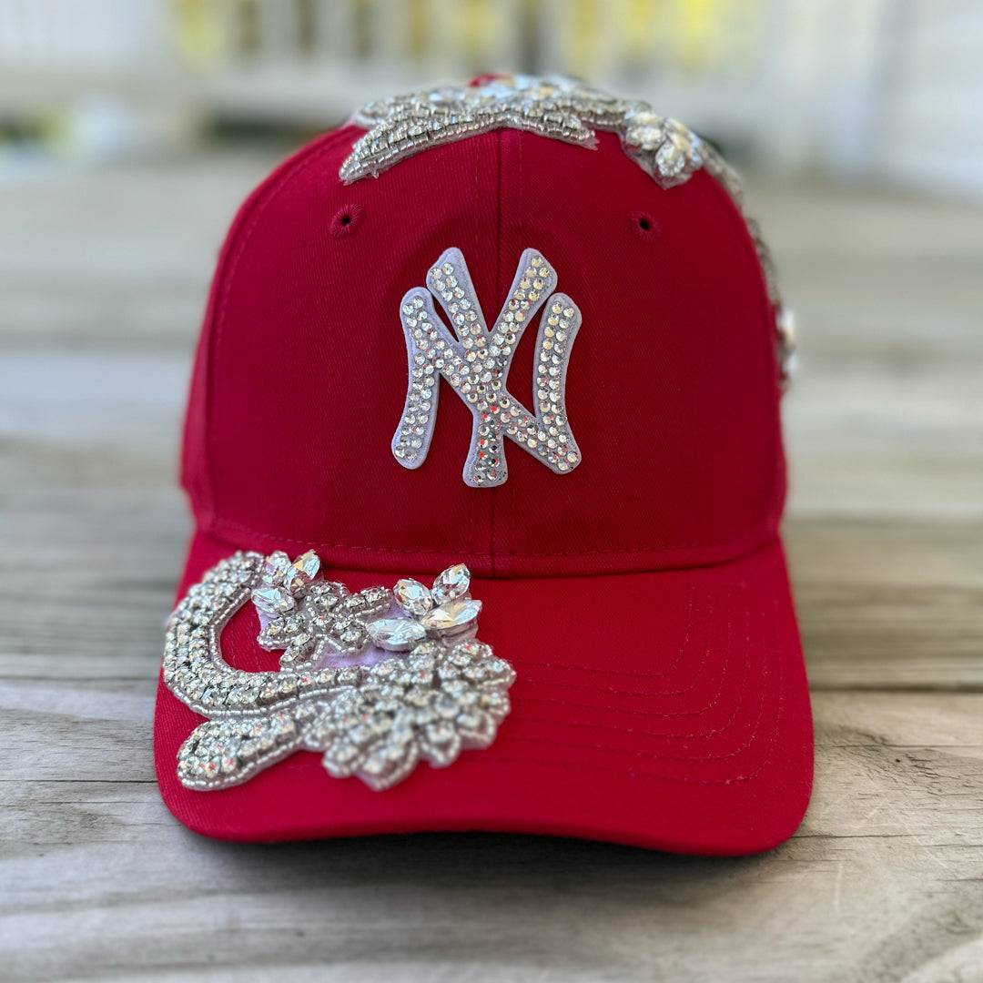 Custom Beaded Silver Crystal Large Applique New York Hat - Rebel P Customs