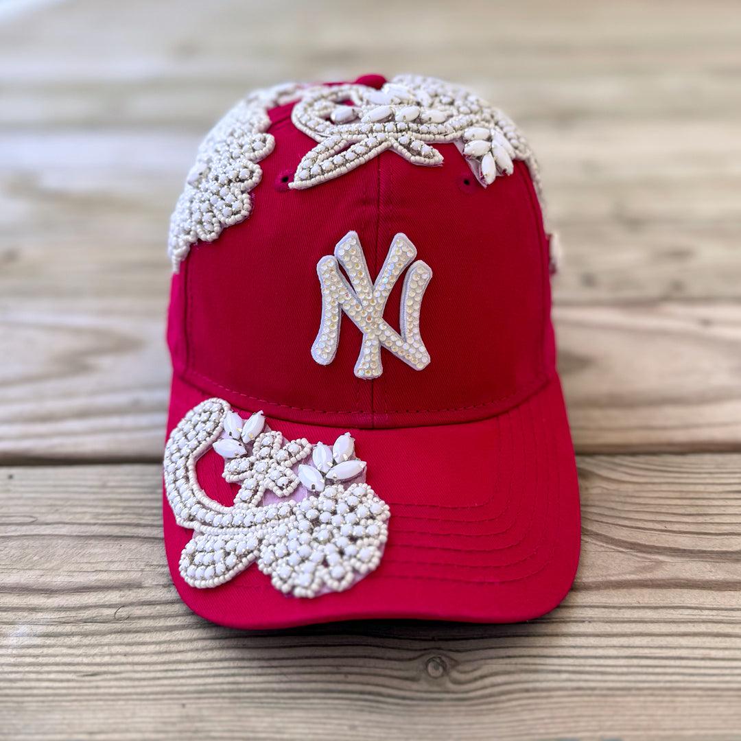 Custom Beaded White Crystal Glow In The Dark Applique New York Hat - Rebel P Customs