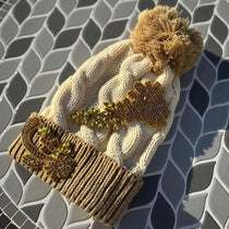 Custom Beaded Gold Crystal Applique Cable Pom Knitted Hat - Rebel P Customs
