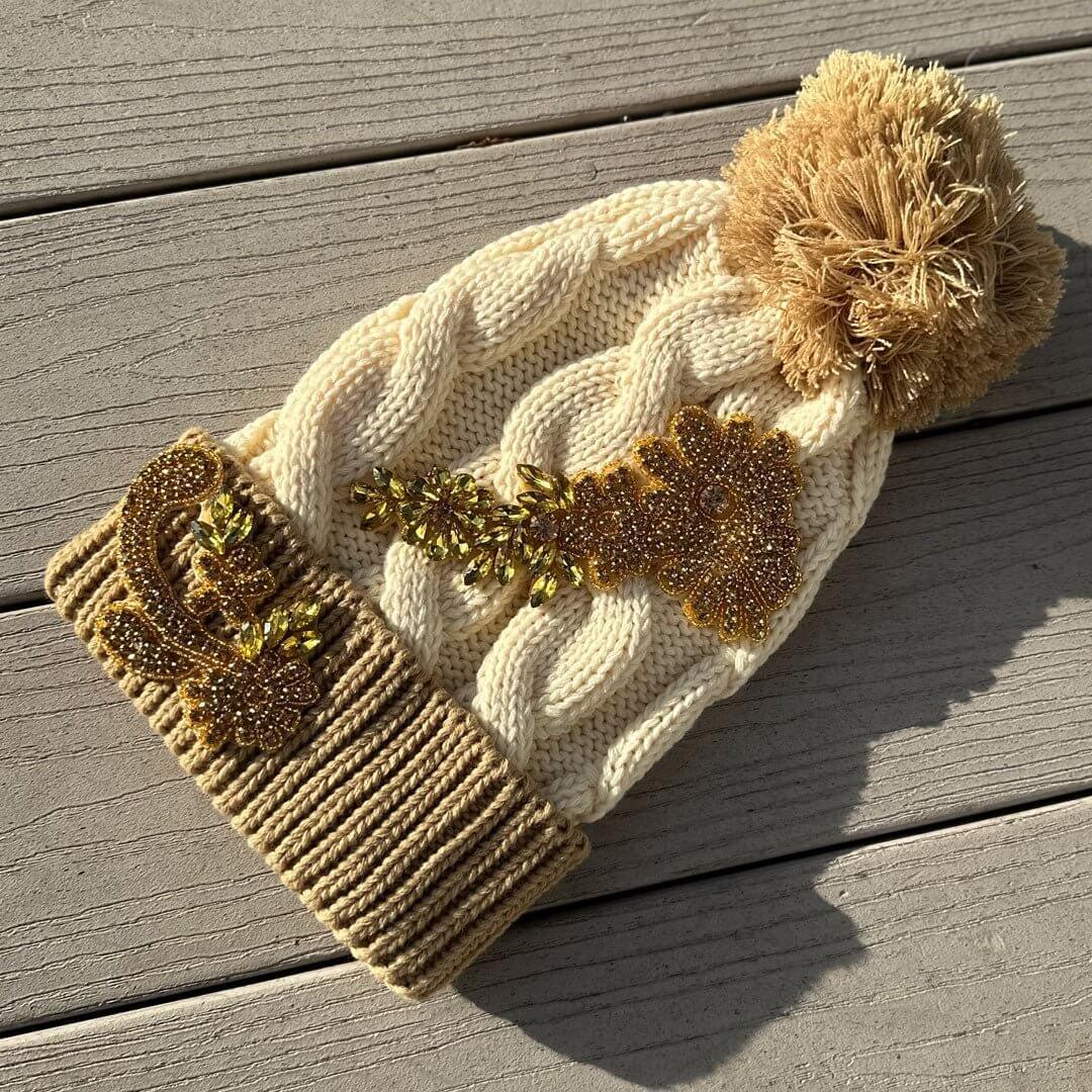 Custom Beaded Gold Crystal Applique Cable Pom Knitted Hat - Rebel P Customs
