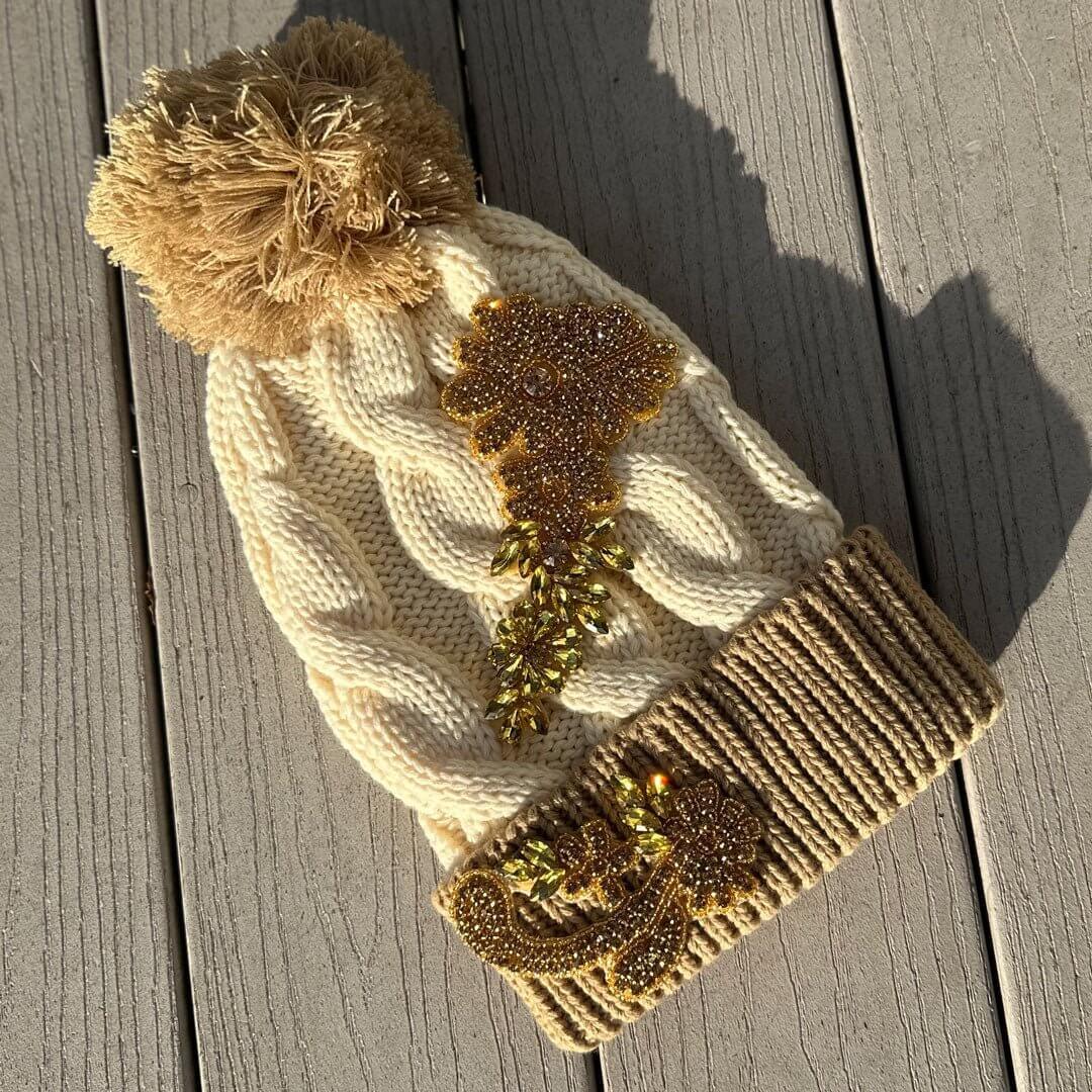 Custom Beaded Gold Crystal Applique Cable Pom Knitted Hat - Rebel P Customs
