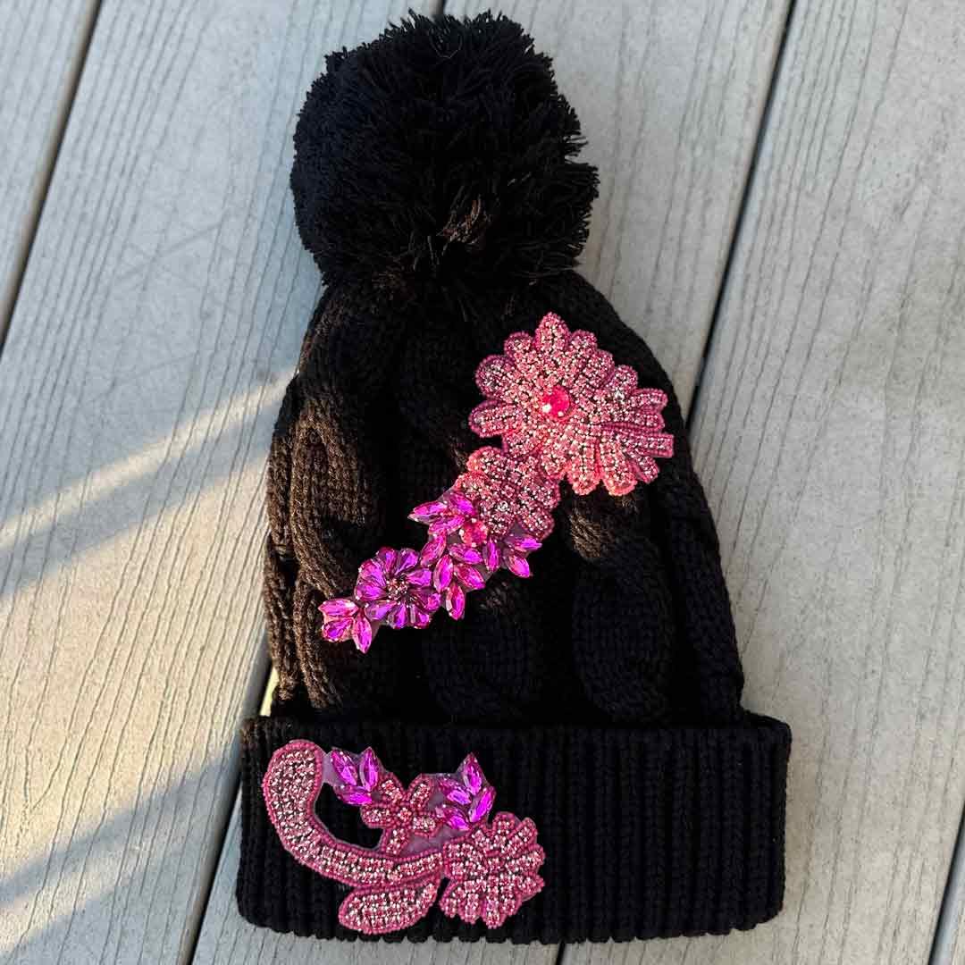 Custom Beaded Pink Crystal Applique Cable Pom Knitted Hat - Rebel P Customs