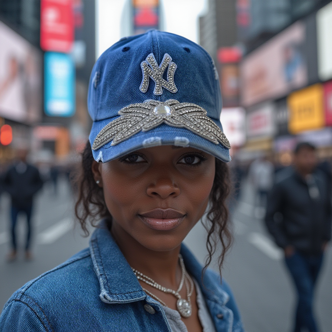 Custom Denim Beaded Silver Crystal Applique NY Hat