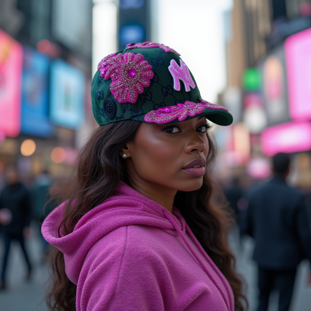 Limited Edition Custom Beaded Pink Crystal Applique Green New York Hat