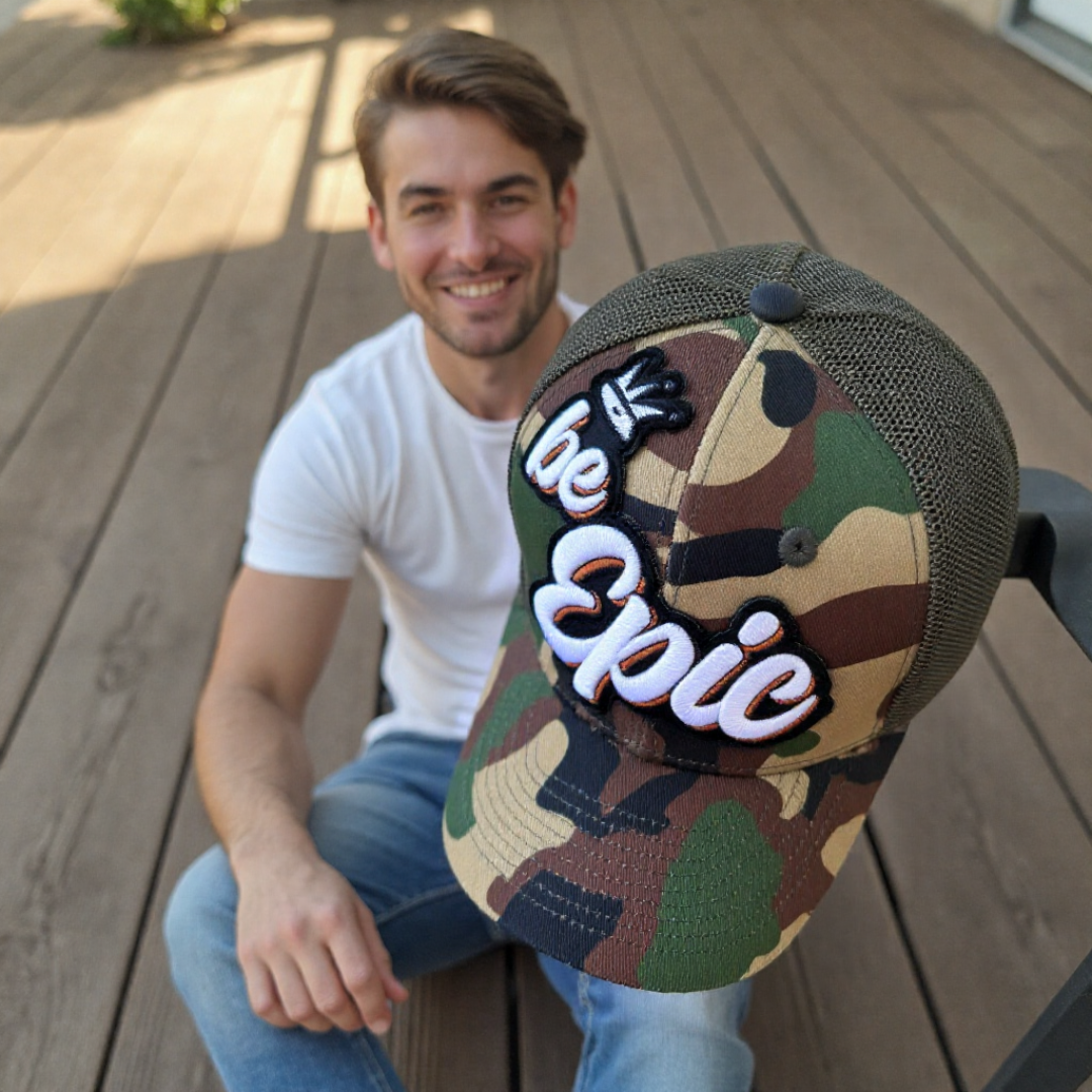 Be Epic Camo Patched Mid-Pro Snapback Trucker Cap