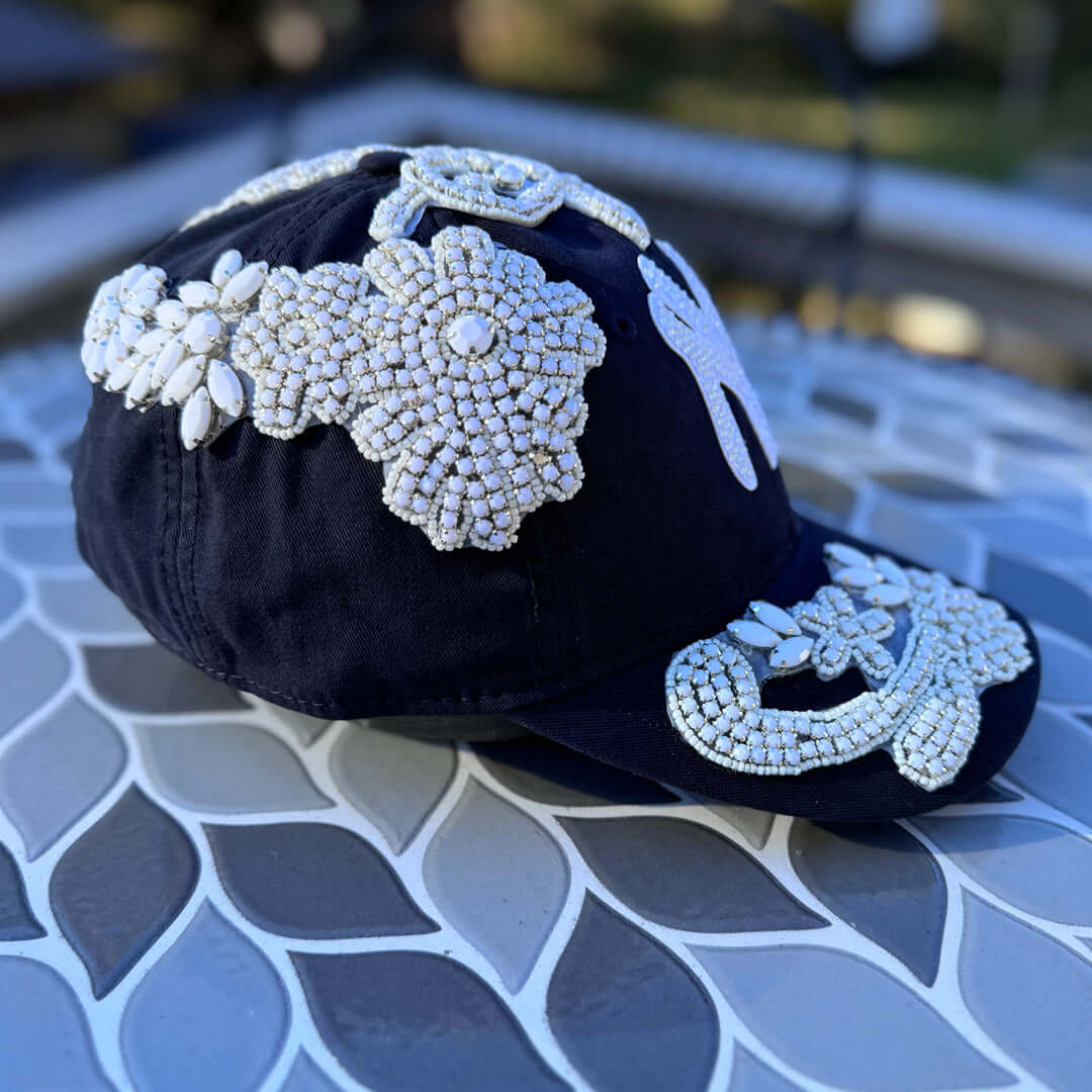 Custom Beaded White Crystal Applique Navy New York Hat