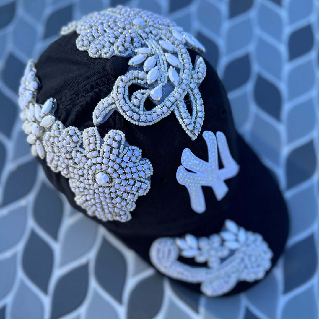 Custom Beaded White Crystal Applique Navy New York Hat
