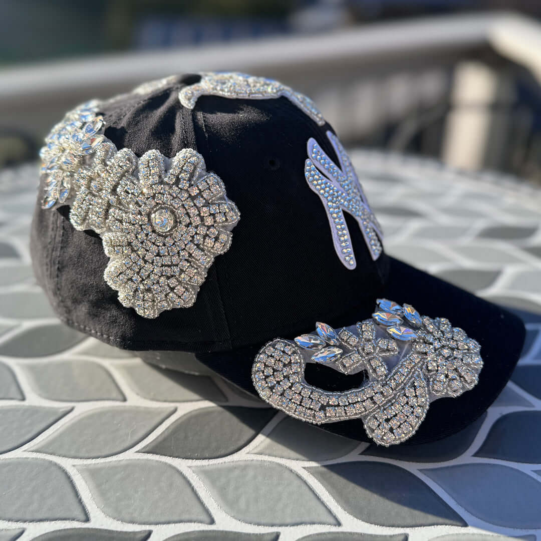 Beaded Silver Crystal Big Rhinestone Applique New York Hat