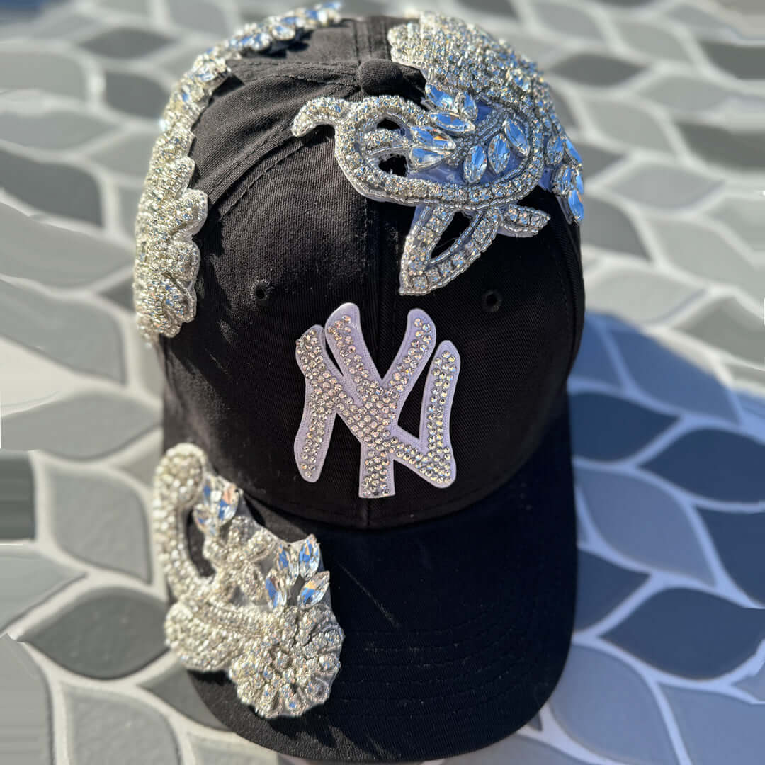 Beaded Silver Crystal Big Rhinestone Applique New York Hat