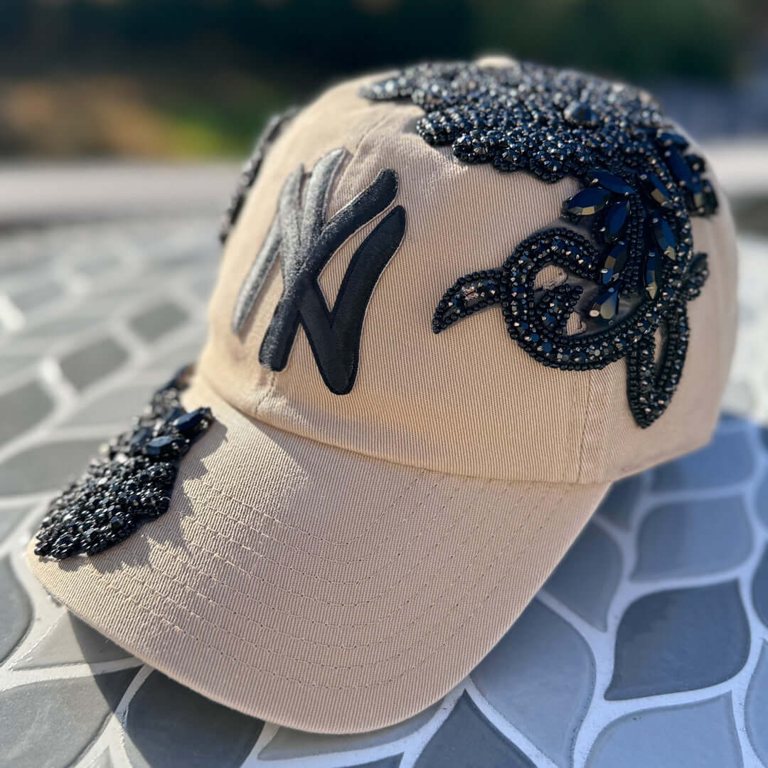 Custom Beaded Black Crystal Applique New York Hat