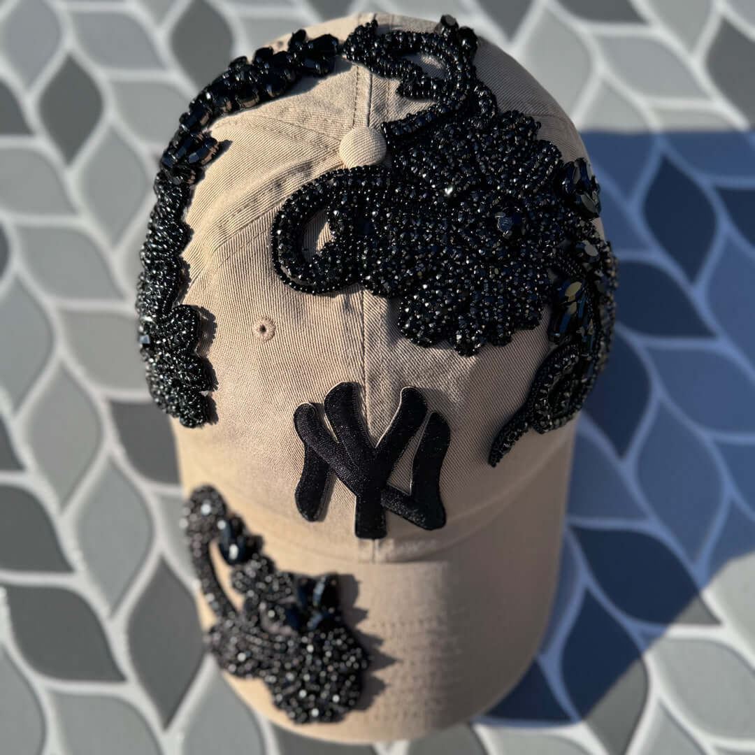 Custom Beaded Black Crystal Applique New York Hat