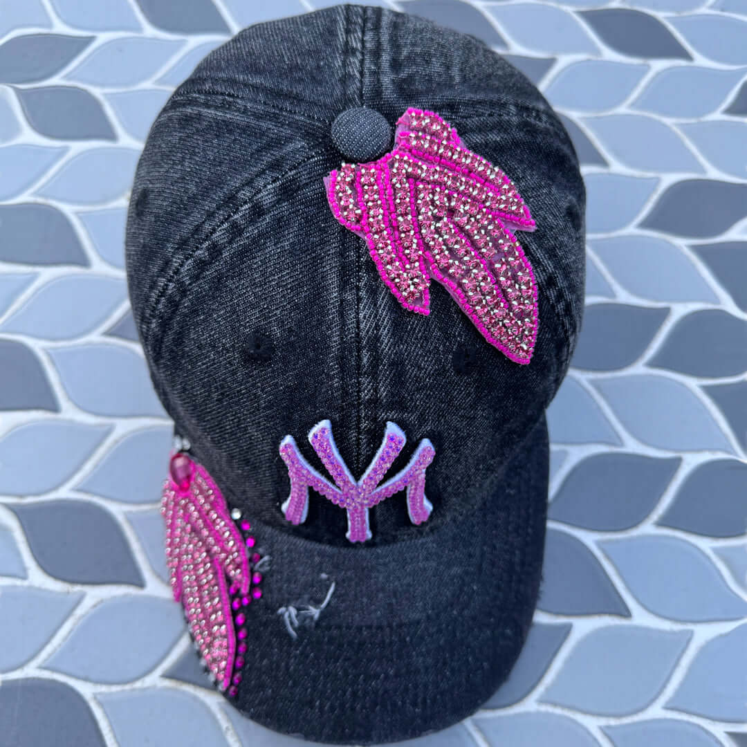 Custom Black Denim Pink Crystal Applique New York Hat