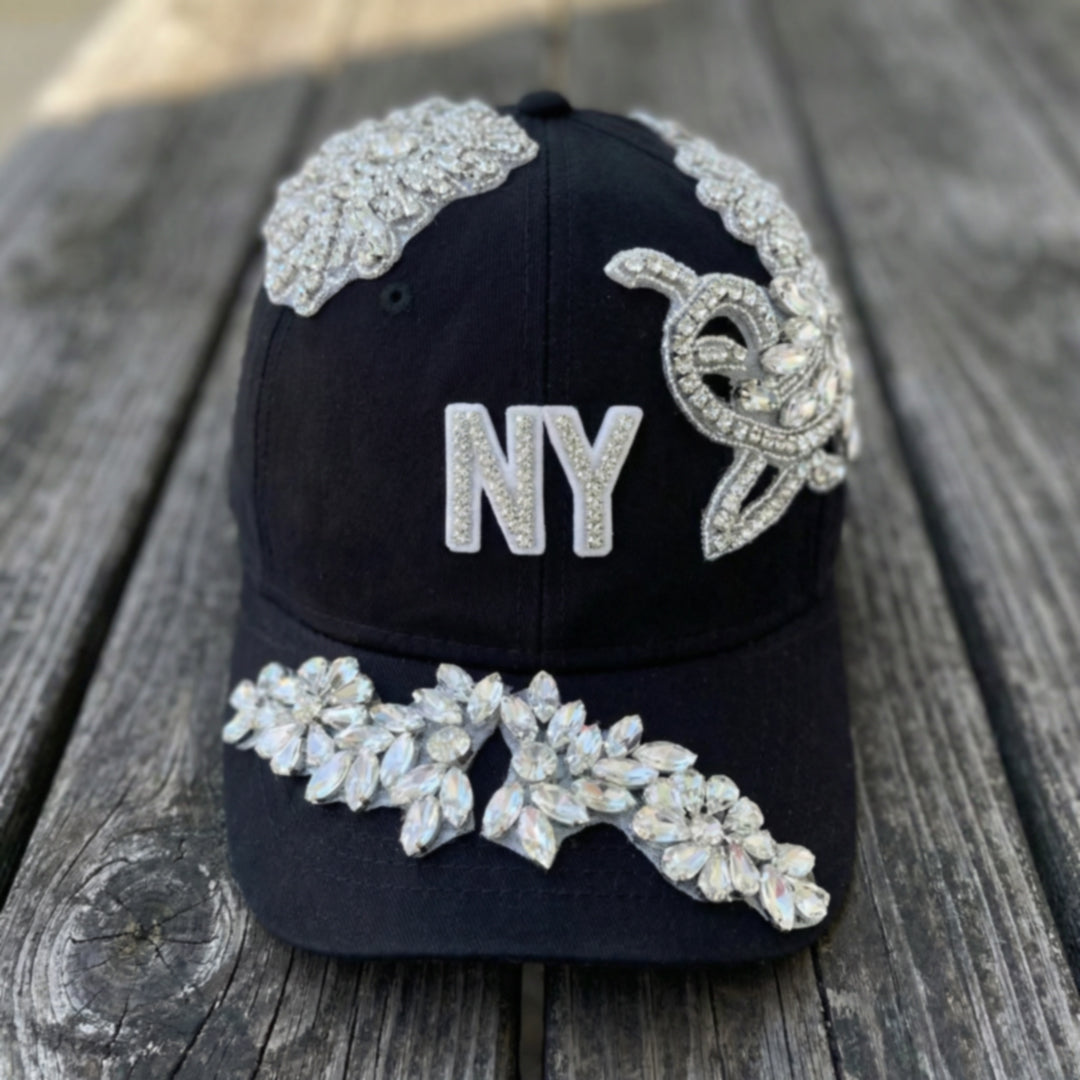 Custom Beaded Luminous Silver Crystal Applique New York Hat