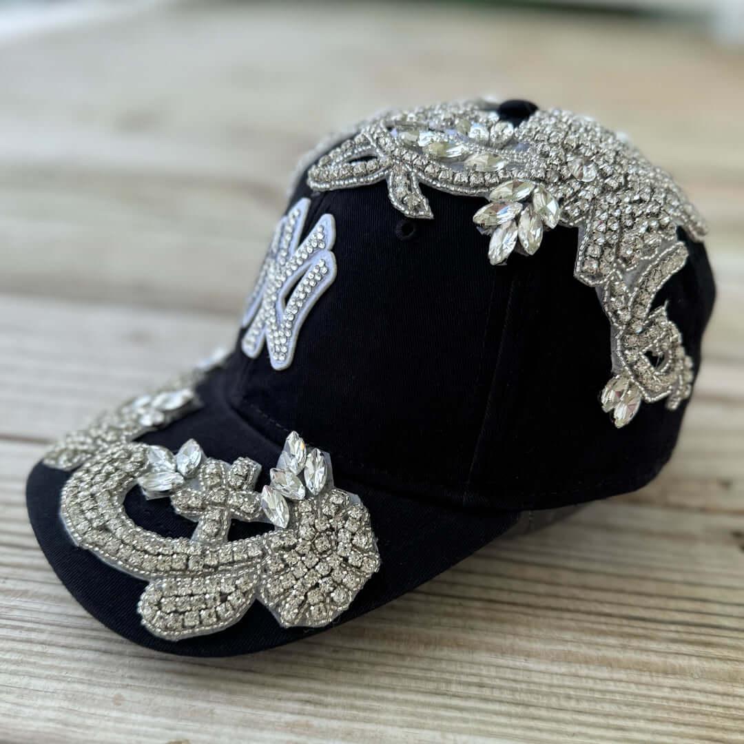 Custom Beaded Silver Crystal Applique New York Hat - Rebel P Customs