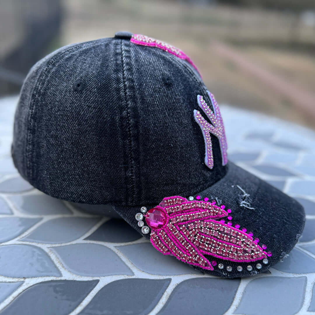 Custom Black Denim Pink Crystal Applique New York Hat