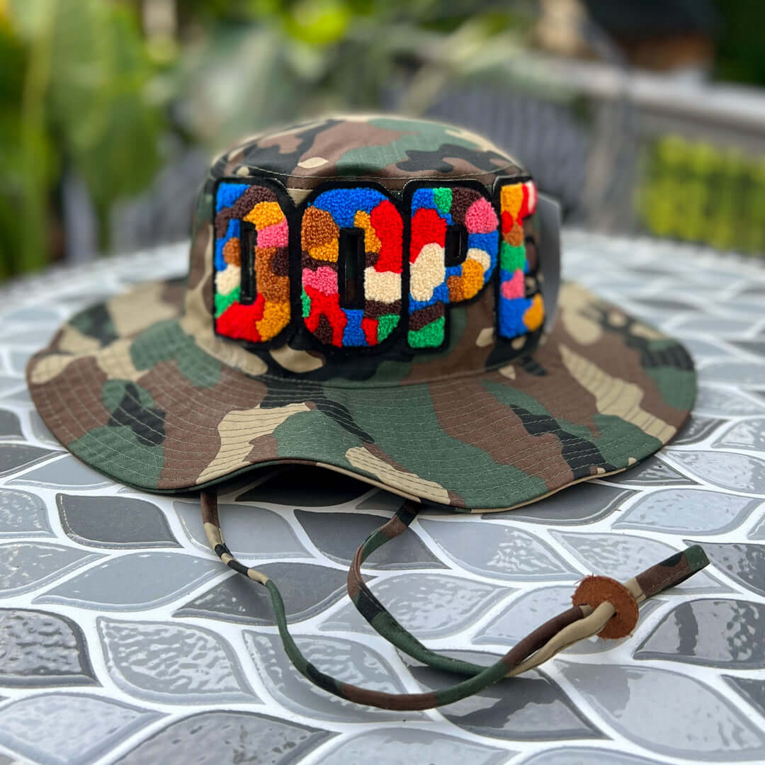 Chenille Dope Camo Patched Boonie Bucket Hat