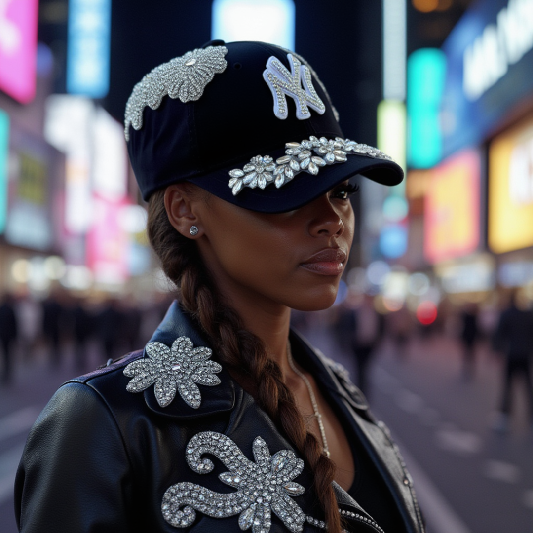 Custom Beaded Luminous Silver Crystal Applique New York Hat