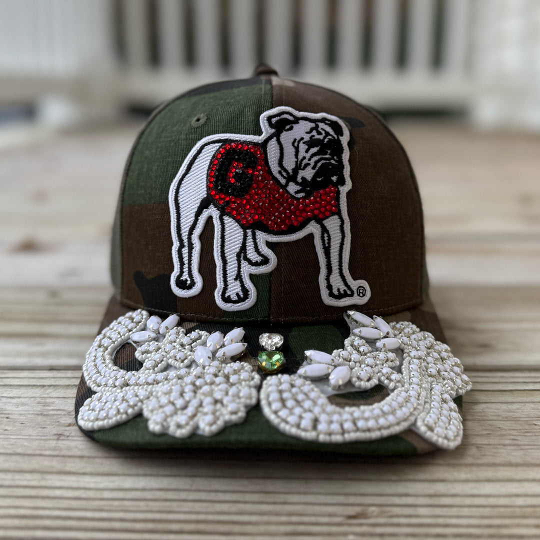 Custom Beaded White Crystal Applique Georgia Bulldog Hat - Rebel P Customs