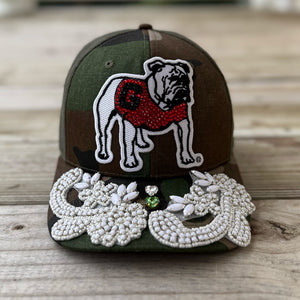 Custom Beaded White Crystal Applique Georgia Bulldog Hat - Rebel P Customs