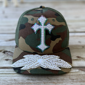 Custom Beaded Crystal Multicolor Applique Cross Hat - Rebel P Customs