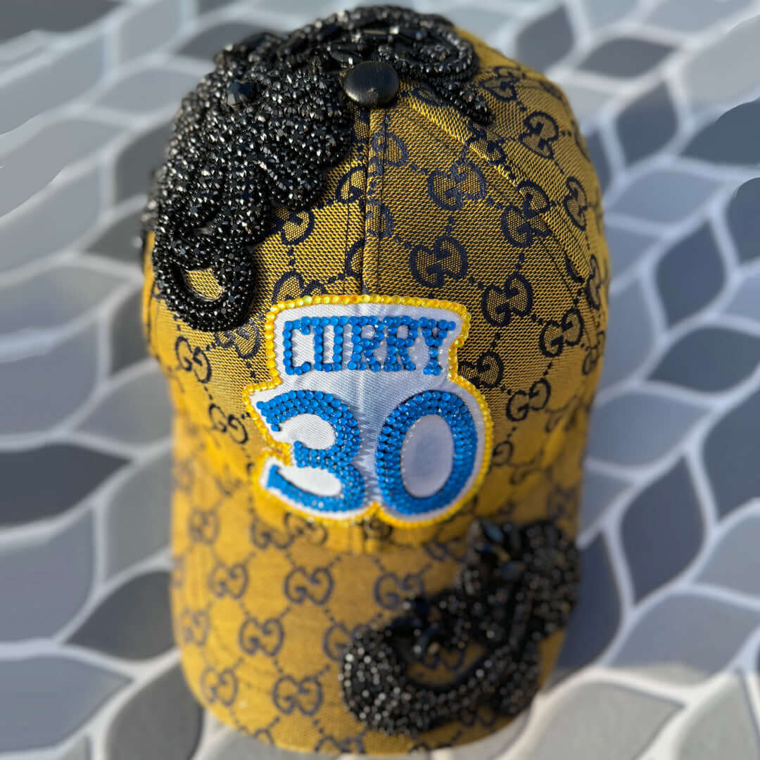 Limited Edition Custom Beaded Black Crystal Applique Steph Curry Hat